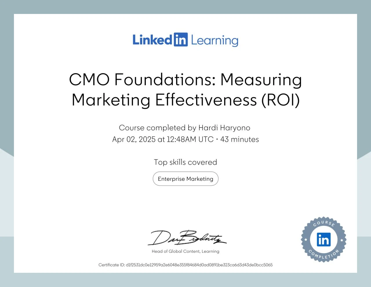 Certificate Of Completion – CMO Foundations Measuring Marketing Effectiveness ROI