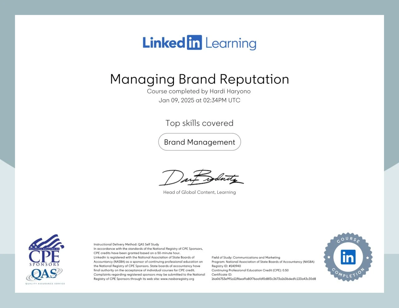 Certificate Of Completion – Managing Brand Reputation